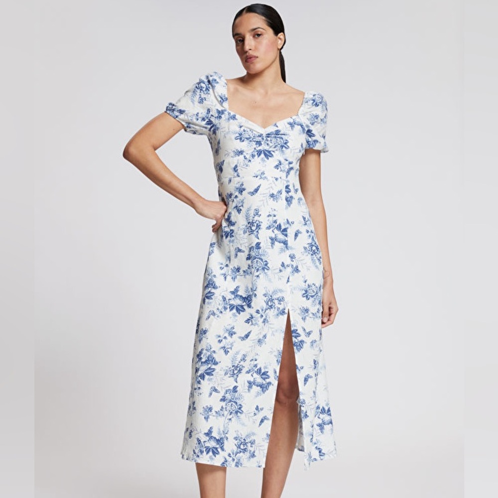 100% Linen Blue Floral Maxi Dress with Sweetheart Milkmaid Neckline